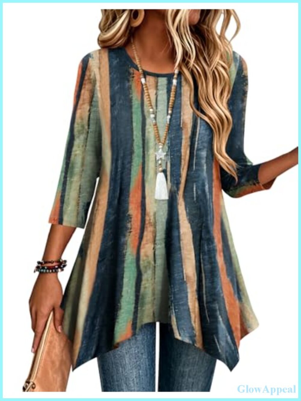 Womens 3/4 Sleeve Tunic Top Loose Fit Dressy Boho Shirt